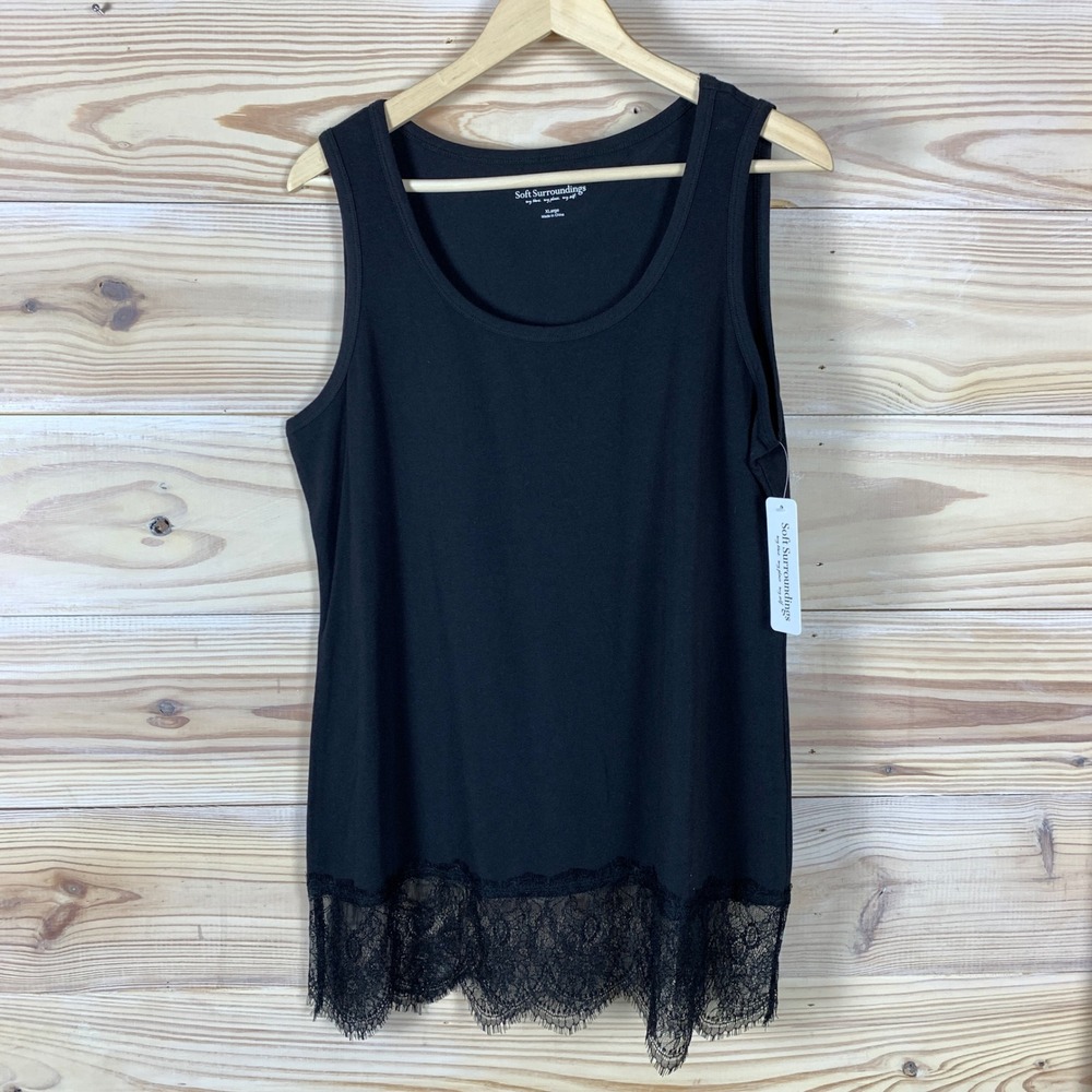 Soft Surroundings Madame Lace Tank Women XL Blk Lace Hem Whimsigoth Top